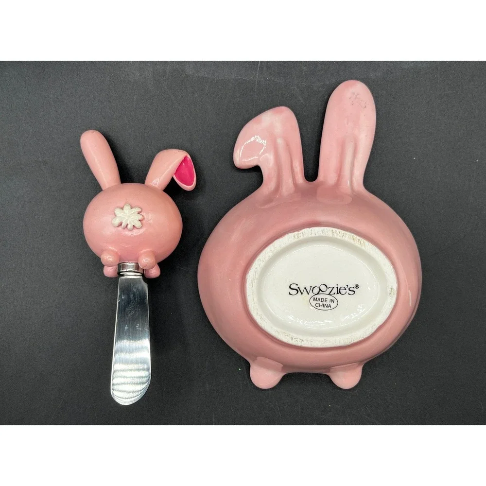 Swoozie's Pink Ceramic Bunny Dip Bowl Spreader Set Easter Kitchenware Adorable!